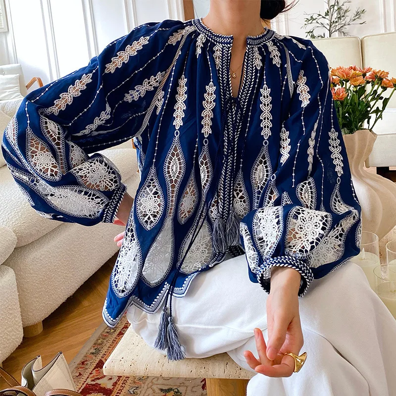 

Autumn French style women's shirt, embroidered vacation style long sleeved shirt, lace decorated beach women's clothing