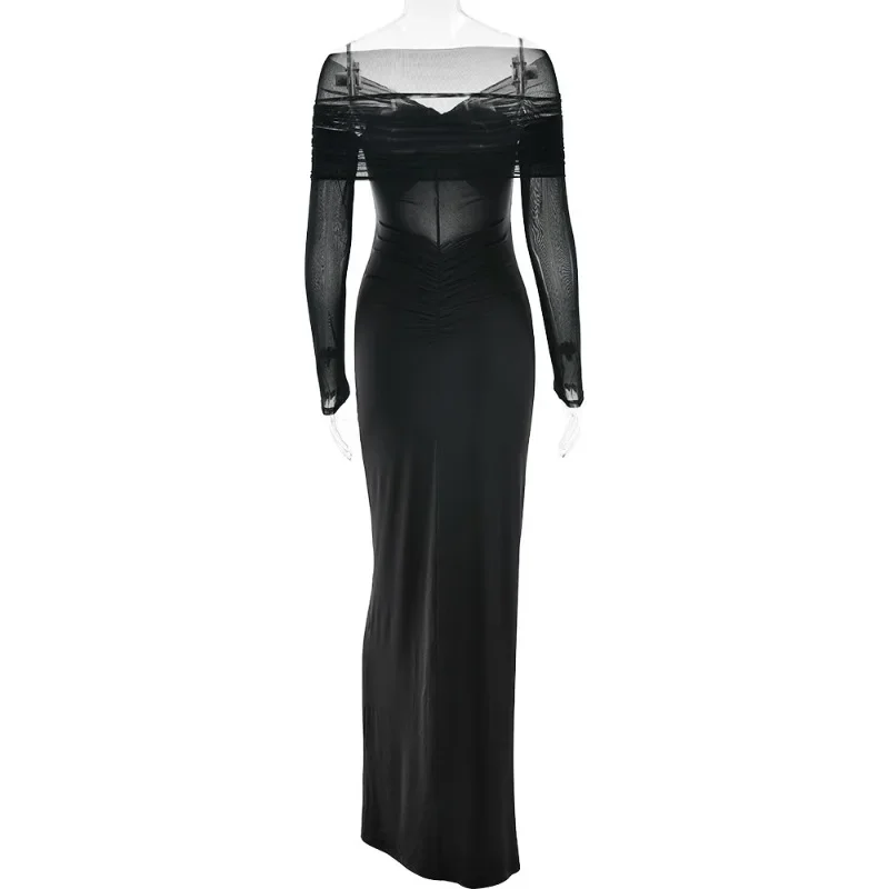 Sheer ตาข่าย Patchwork Bodycon Maxi ชุดราตรีผู้หญิง Ruched Hollow Off ไหล่แขนยาววันเกิดยาว Robe