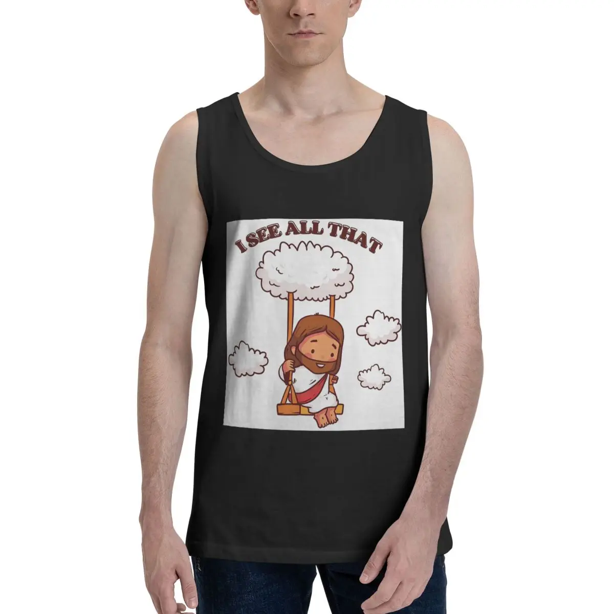I See All That Cute Jesus On A Cloud Swing 100% Cotton Men's Sweatshirt Vest Sleeveless Clothing Tees Men Tank Tops T-shirt