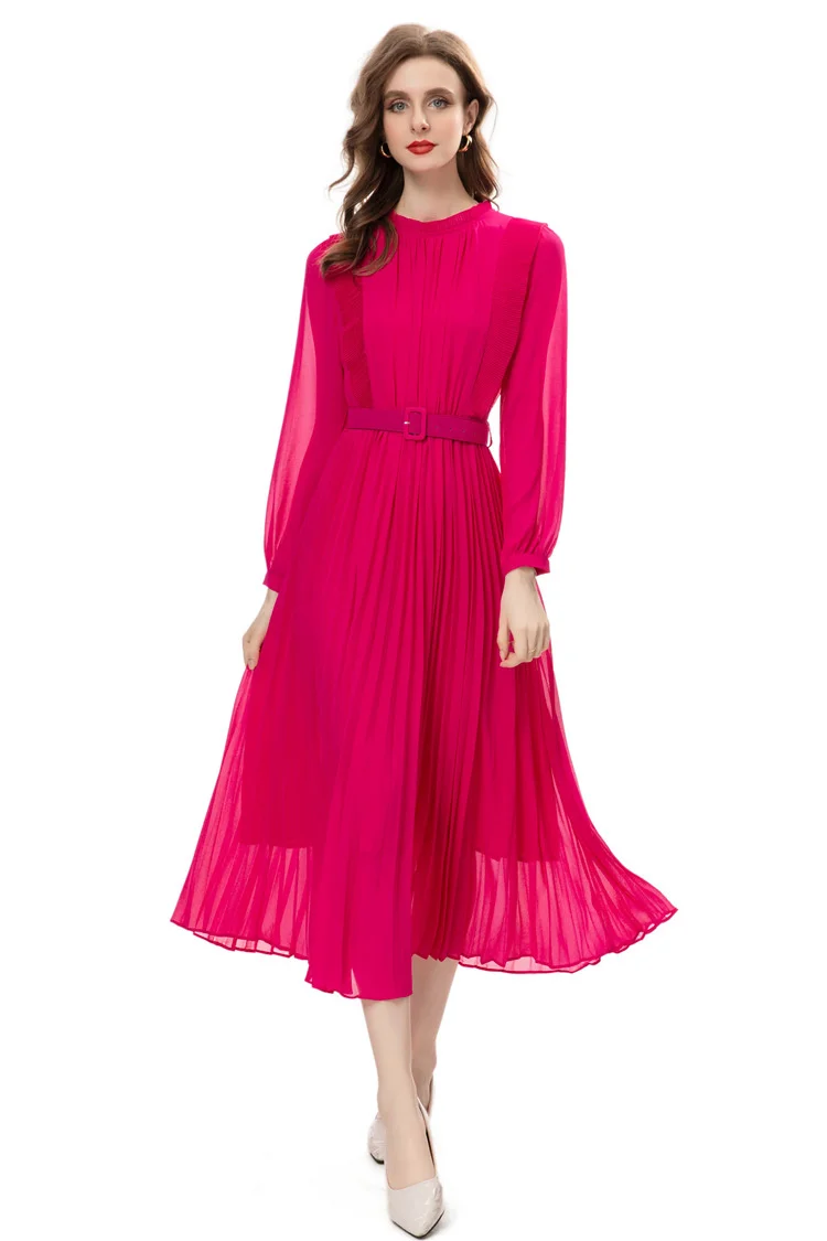 Spring Fashion Designer Black Vintage Pleated Dress Women Lantern Sleeve Ruffles Sashes Gathered Waist Slim Long Dress