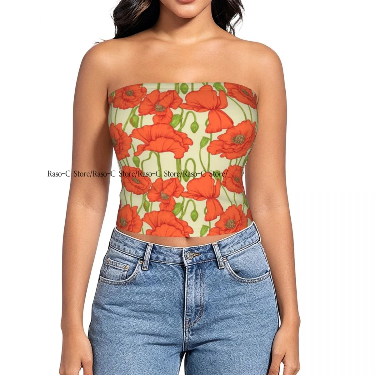 Women's strapless halter top Big Red Poppies summer sexy short-sleeved top