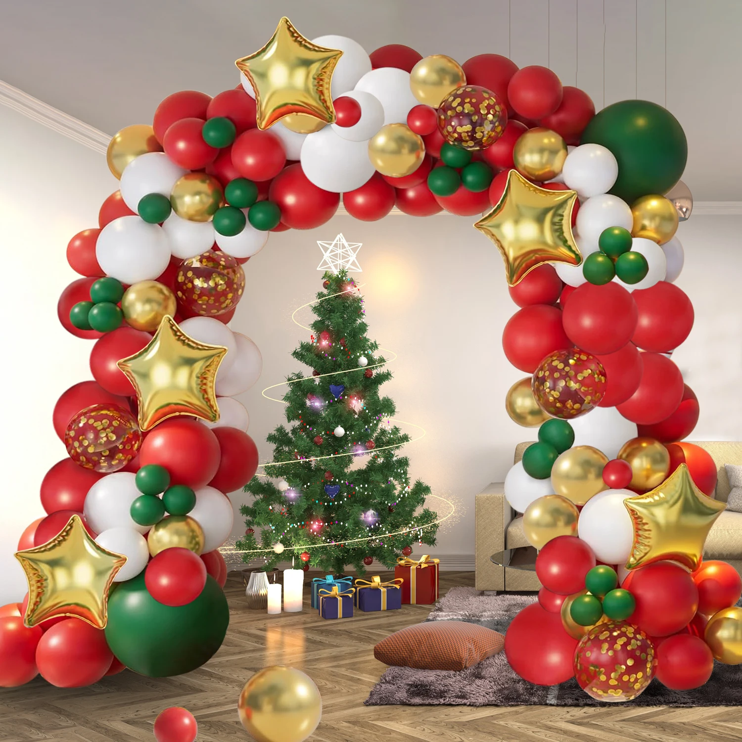 Weihnachtsballon-Set, rot-grüne Latexballons, goldene Papierresten, Luftballons für die Heimdekoration von Weihnachtsfeiern