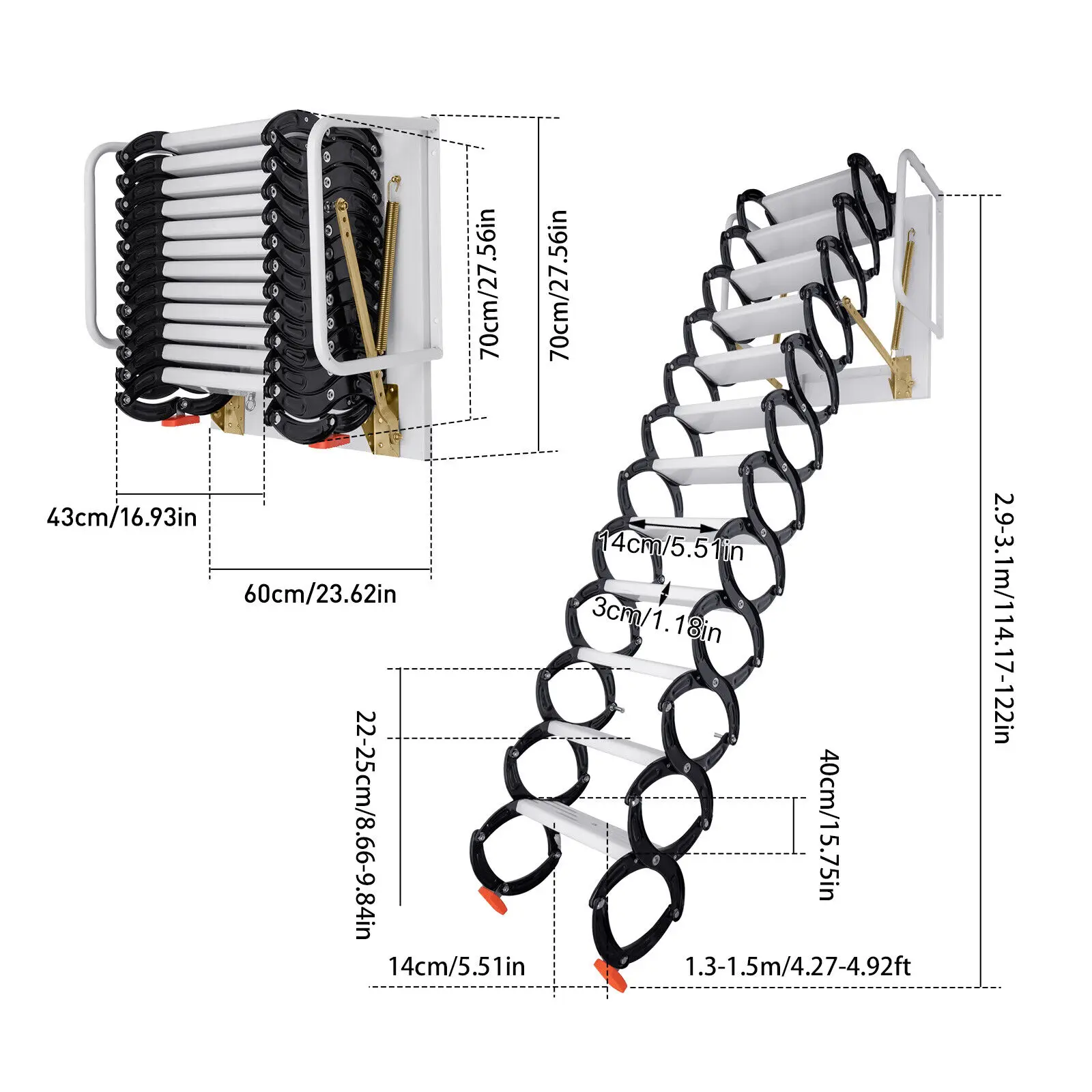 Scaletta pieghevole a parete a 12 gradini da 10,17 piedi, scale a soppalco per soffitta, capacità 882 libbre, nera