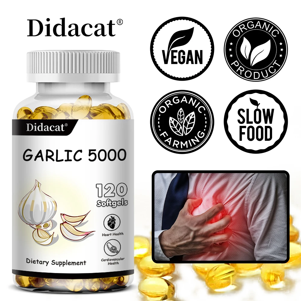 

Organic Garlic Softgels 5000mg, Dietary Supplements for Heart Health & Immune System Support, 30/60/120 Vegan Capusles