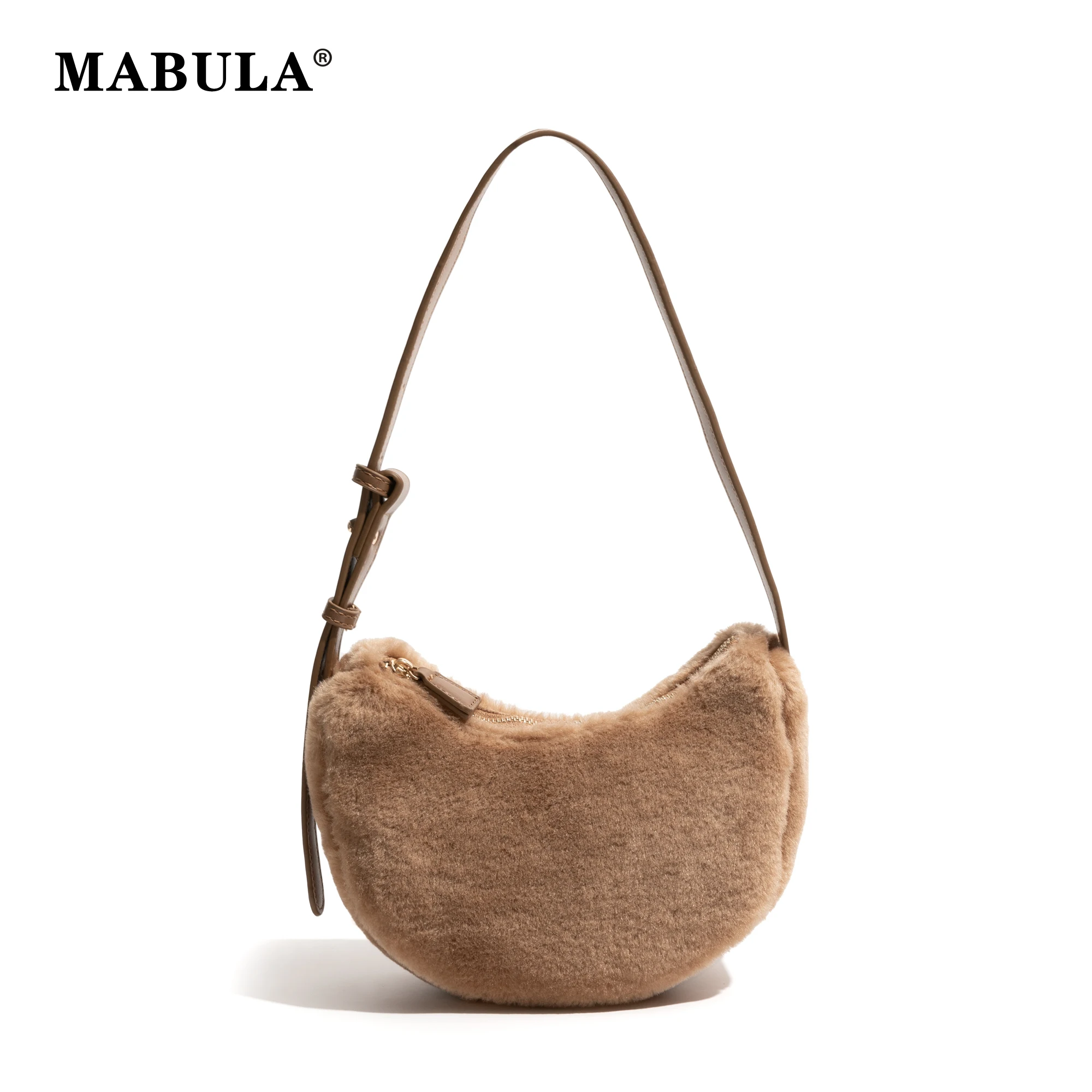 

MABULA Winter Plush Half Moon Hobo Handbag Faux Fur Stylish Girls Phone Purse Simple Casual Shoulder Shopping Satchel For Ladies