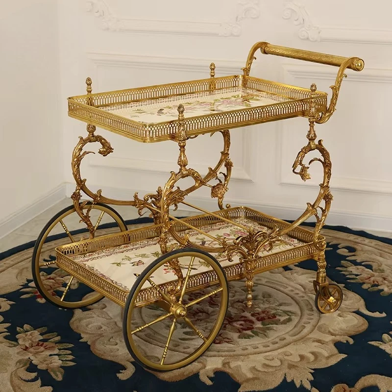 Medieval French Vintage Royal Hotel Trolley Restaurant Family Gold Antique Brass Trolley Bronze Dining Cart