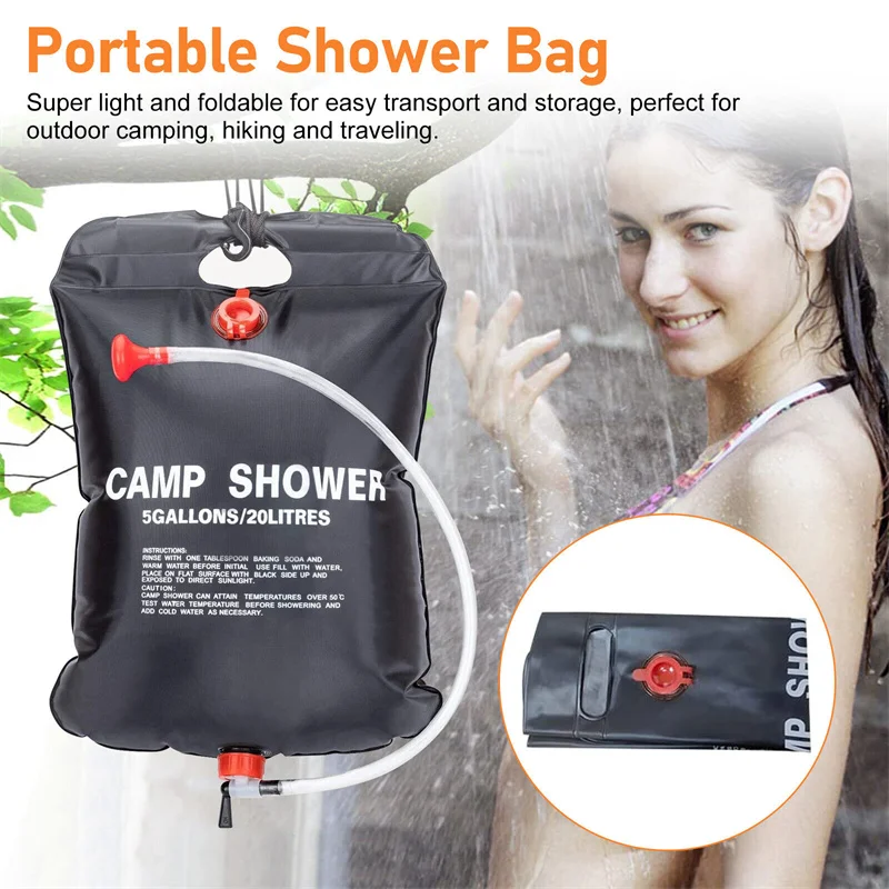 Bouteille d'eau pliante à chauffage solaire, bouteille d'eau de camping, douche, sac à eau en poudre, fournitures de camping, E27, 20L