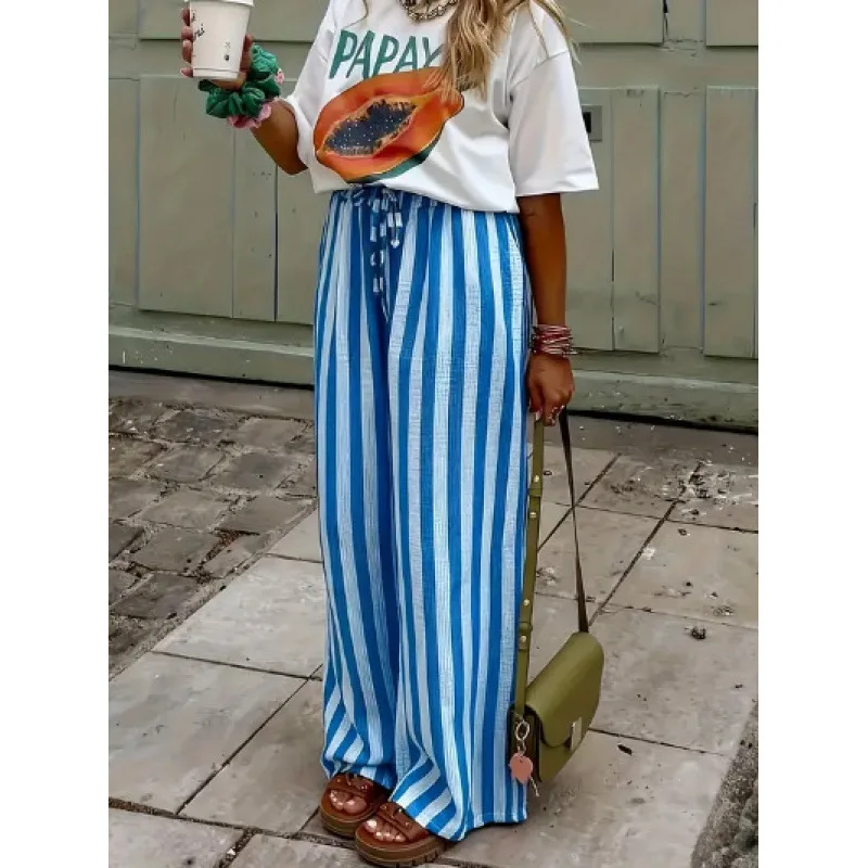 Spring Summer New Women's Loose Casual Striped Color Block Digital Print Straight Leg Pants High Waist Polyester Fiber