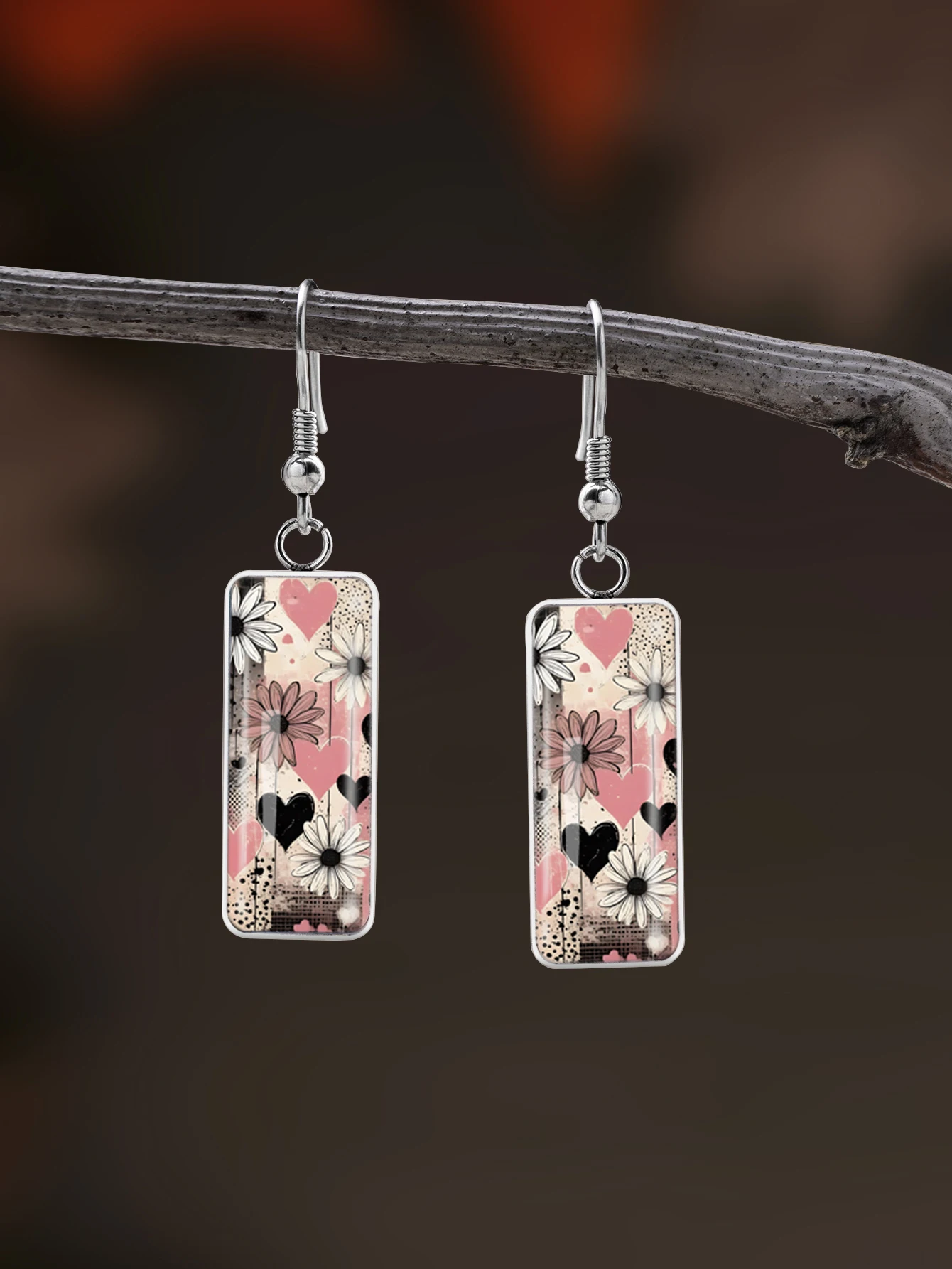 1 Paar herzförmige Ohrringe mit Blumenmuster zum Valentinstag, mit konvexem Glas und langen Haken aus 316er Edelstahl, im Retro- und schlichten Stil, geeignet für Frauen als Schmuck für den täglichen