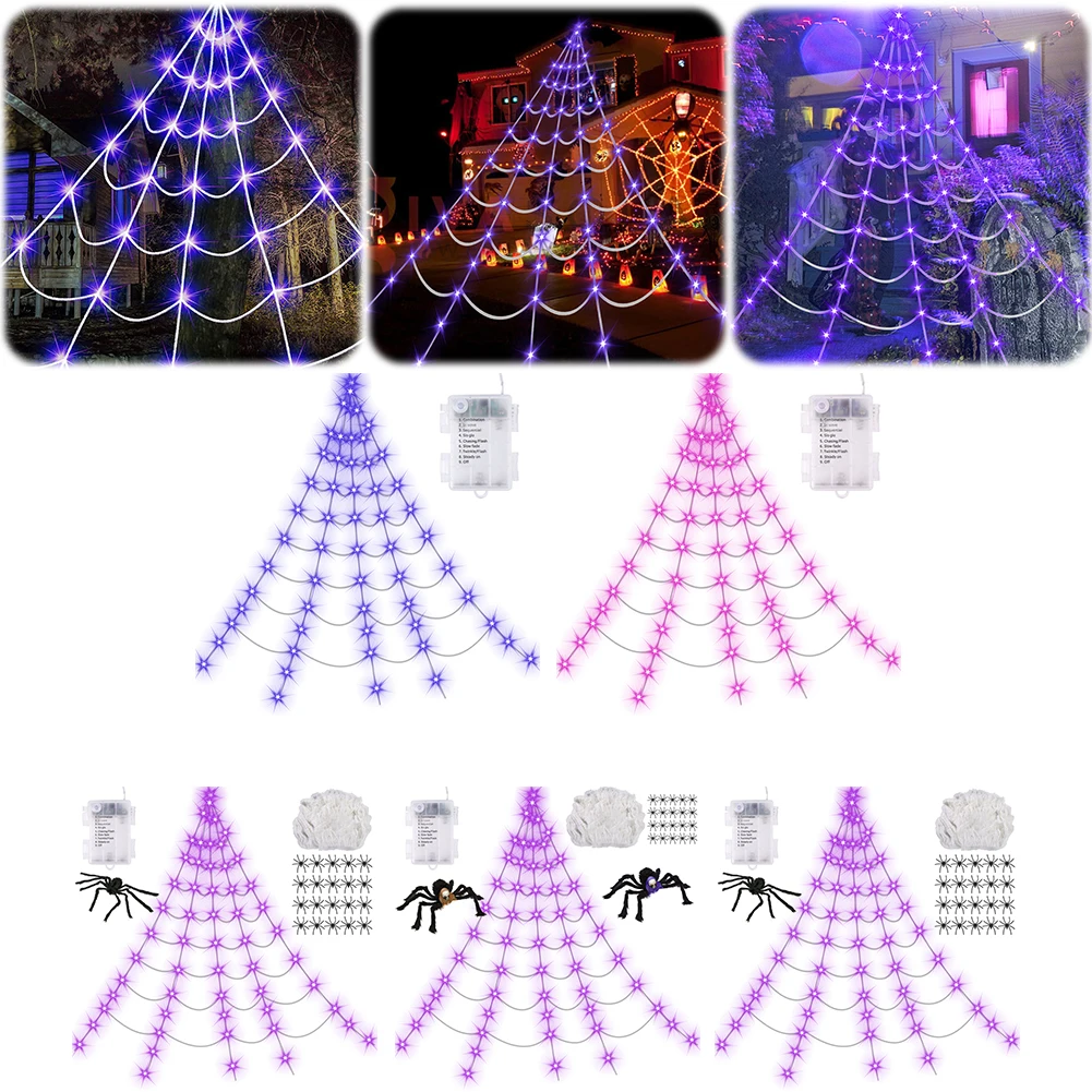 

Haunted House Props Spider Web Waterproof LED Spider Net 8 Modes Halloween Decorative LED Spider Web Halloween Party Decoration