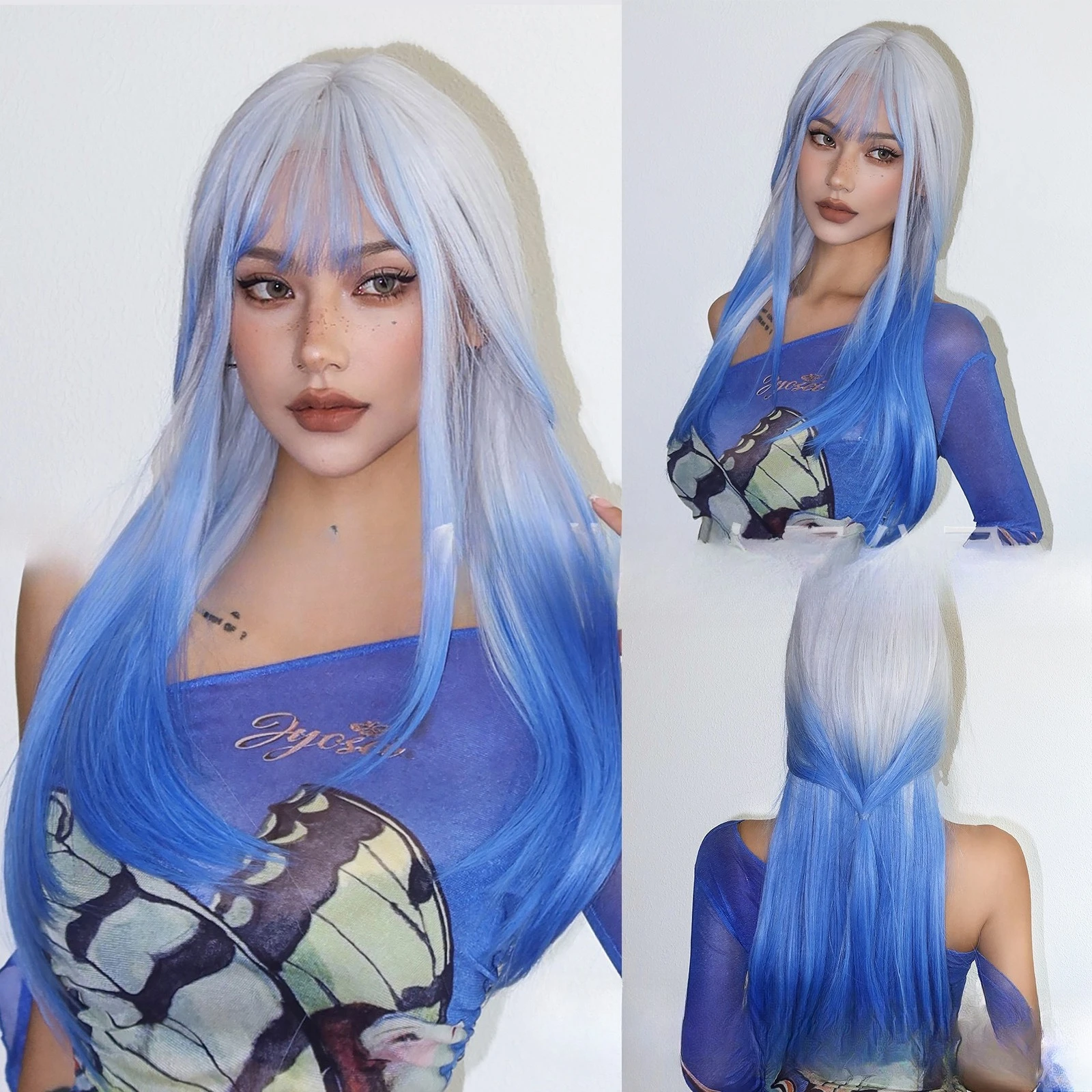 

Wig new blue gradual change Qi bangs long straight hair Halloween cos high temperature silk direct sales wigs