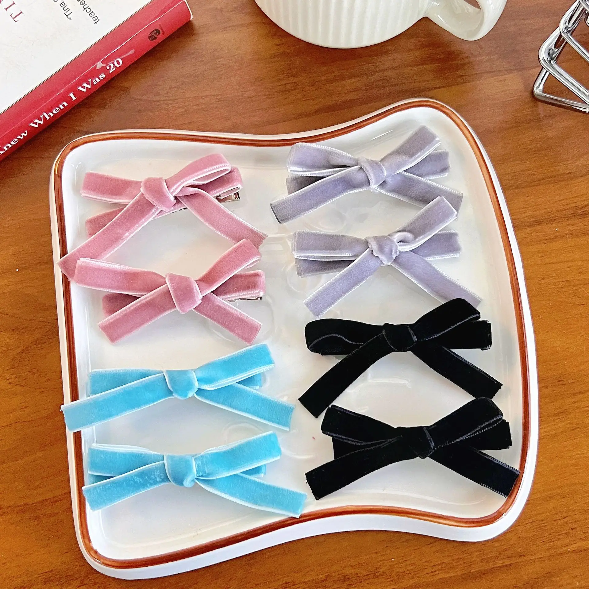 2PC Korean Style Velvet Bow Hairpin Set Solid Color Simple Hairgrip for Girls & Women Vintage Hair Clips Accessory