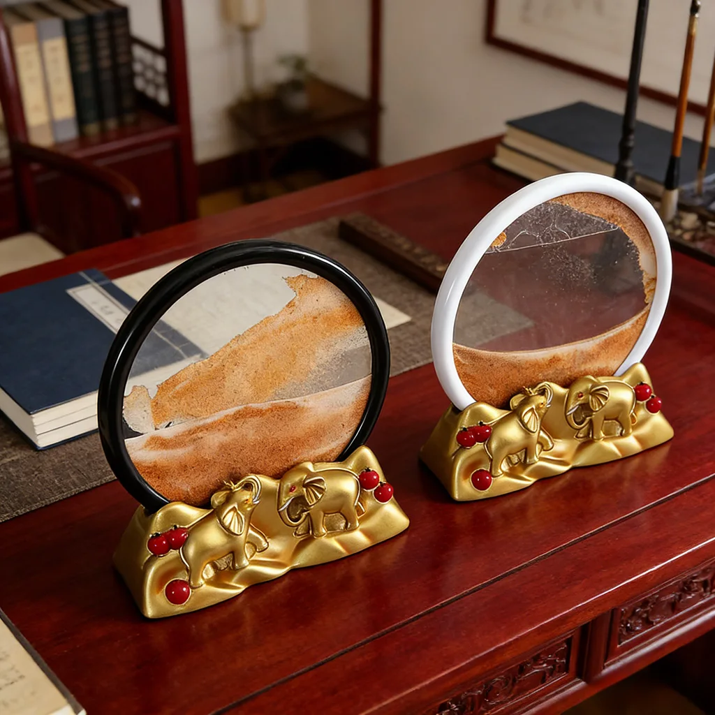 3D Moving Sand Art Elephant Figurine, Dynamic Quicksand Hourglass, Feng Shui Lucky Elephant Decor, Round Glass Sandscape