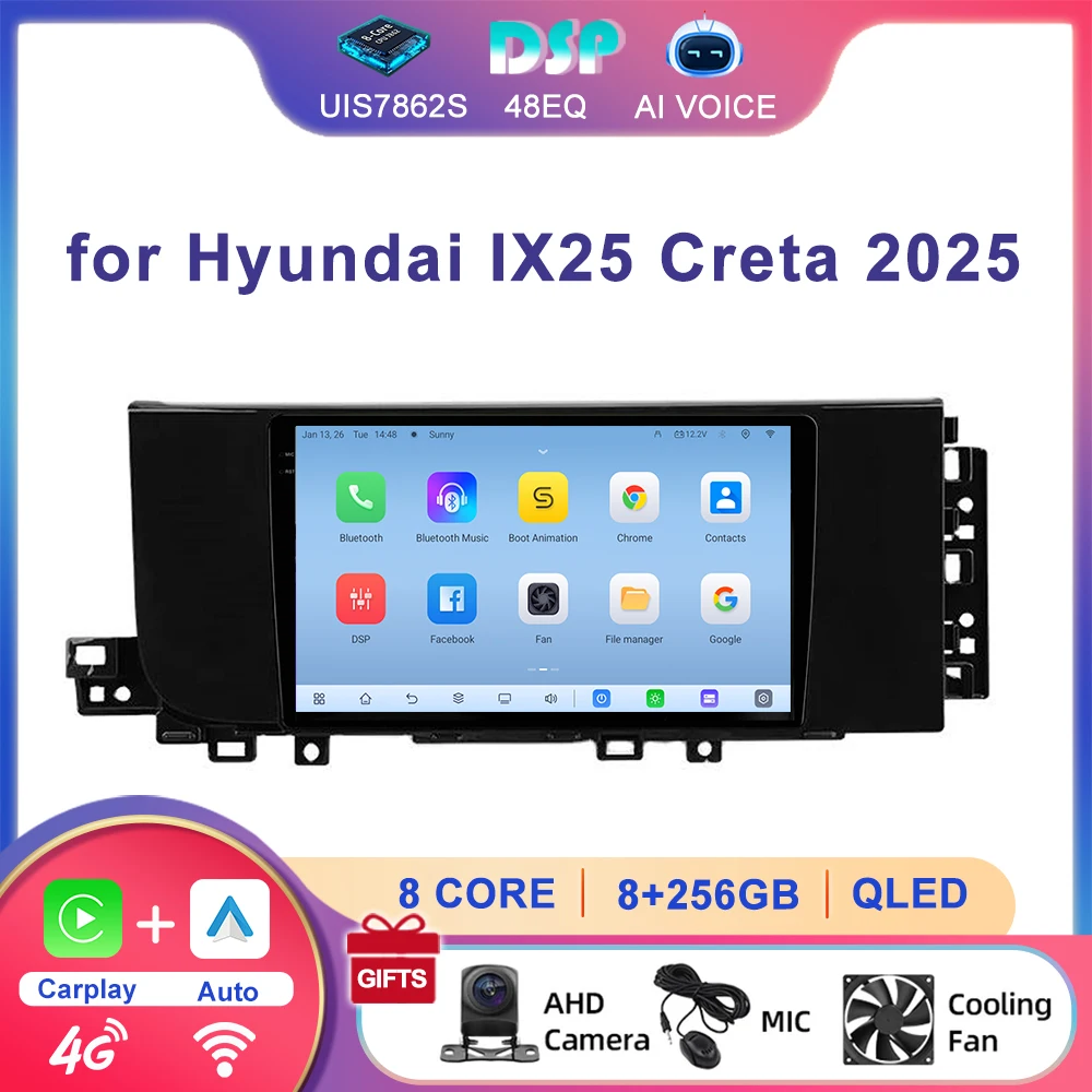 9'' 8 Core 4G DSP Wireless Carplay Split Screen GPS Reversing Aid USB Touch Screen Car Stereo Player for IX25 Creta 2025