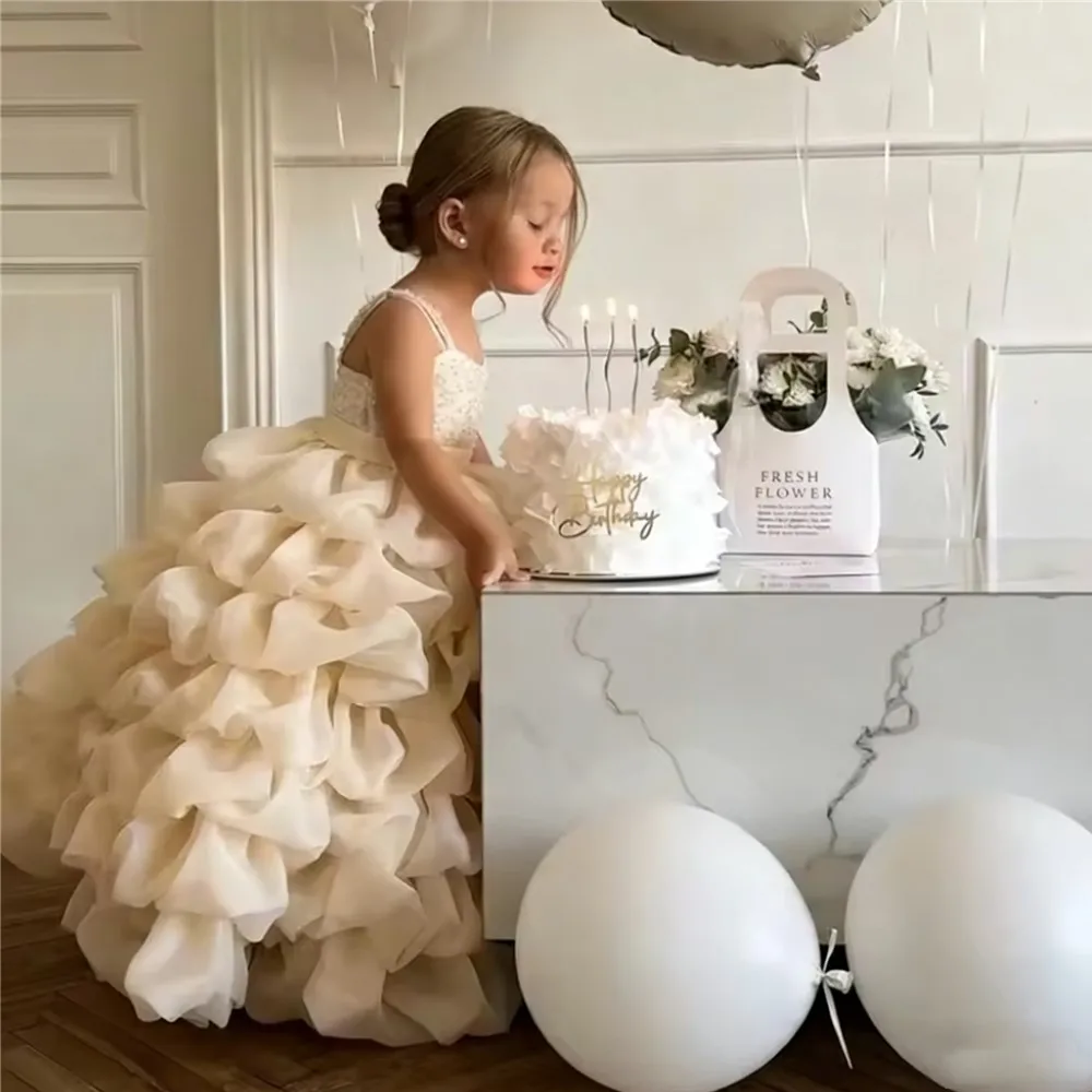

Luxury Layered Flower Girl Wedding Dress Sequined Ruched Ruffle Sleeveless Baby Girl Princess Birthday Party Dress Customized