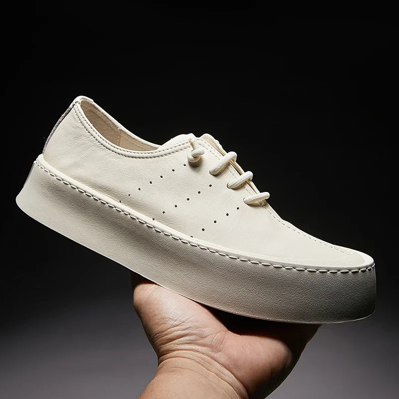 

2024 Summer New Men's Casual Shoes With Genuine Leather Soft Sole Lace Up Board Shoes