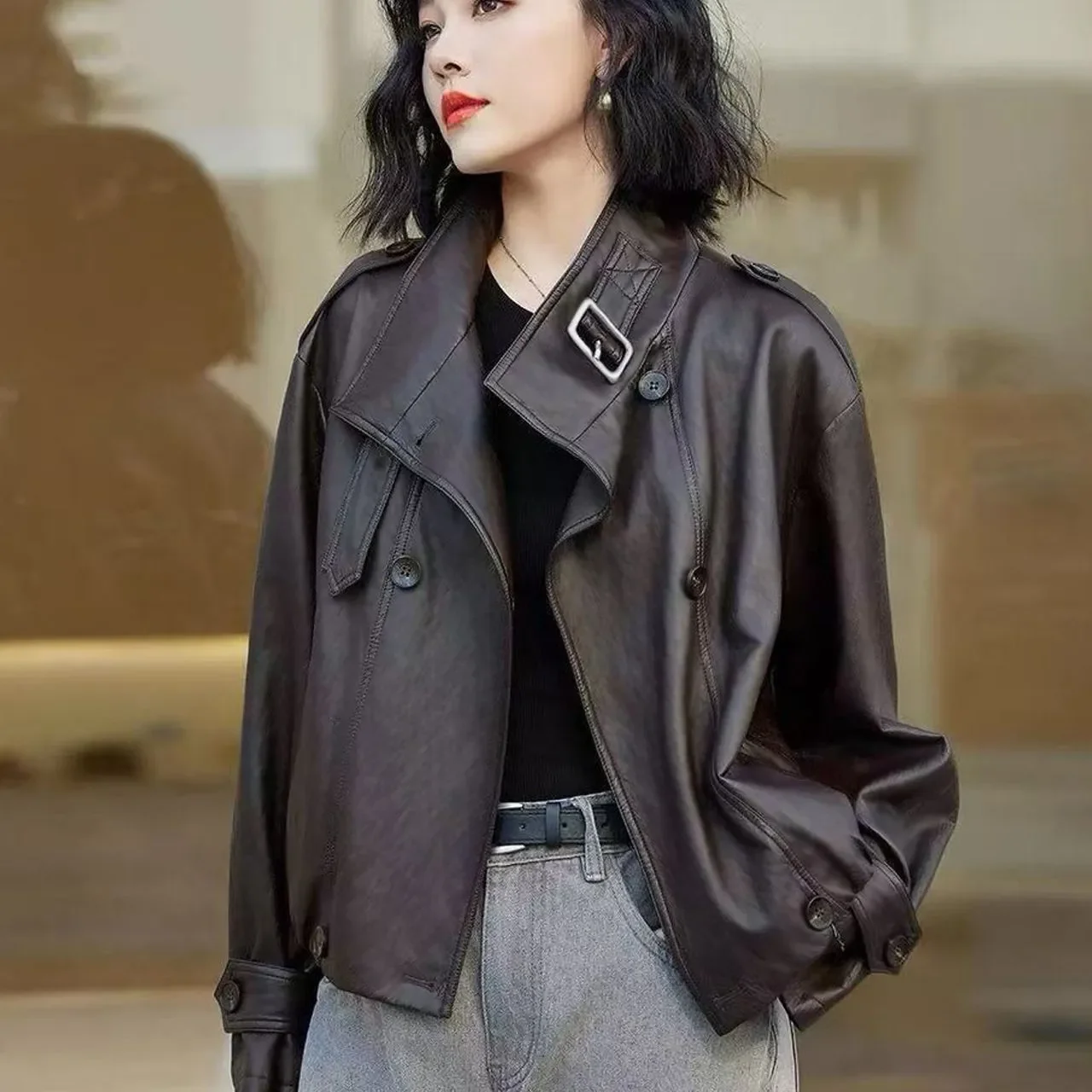 2025 Spring Autumn New Chic Loose Long Sleeve Motorcycle Leather Jacket High-End Stand Collar Leather Coat Women's Short Outwear