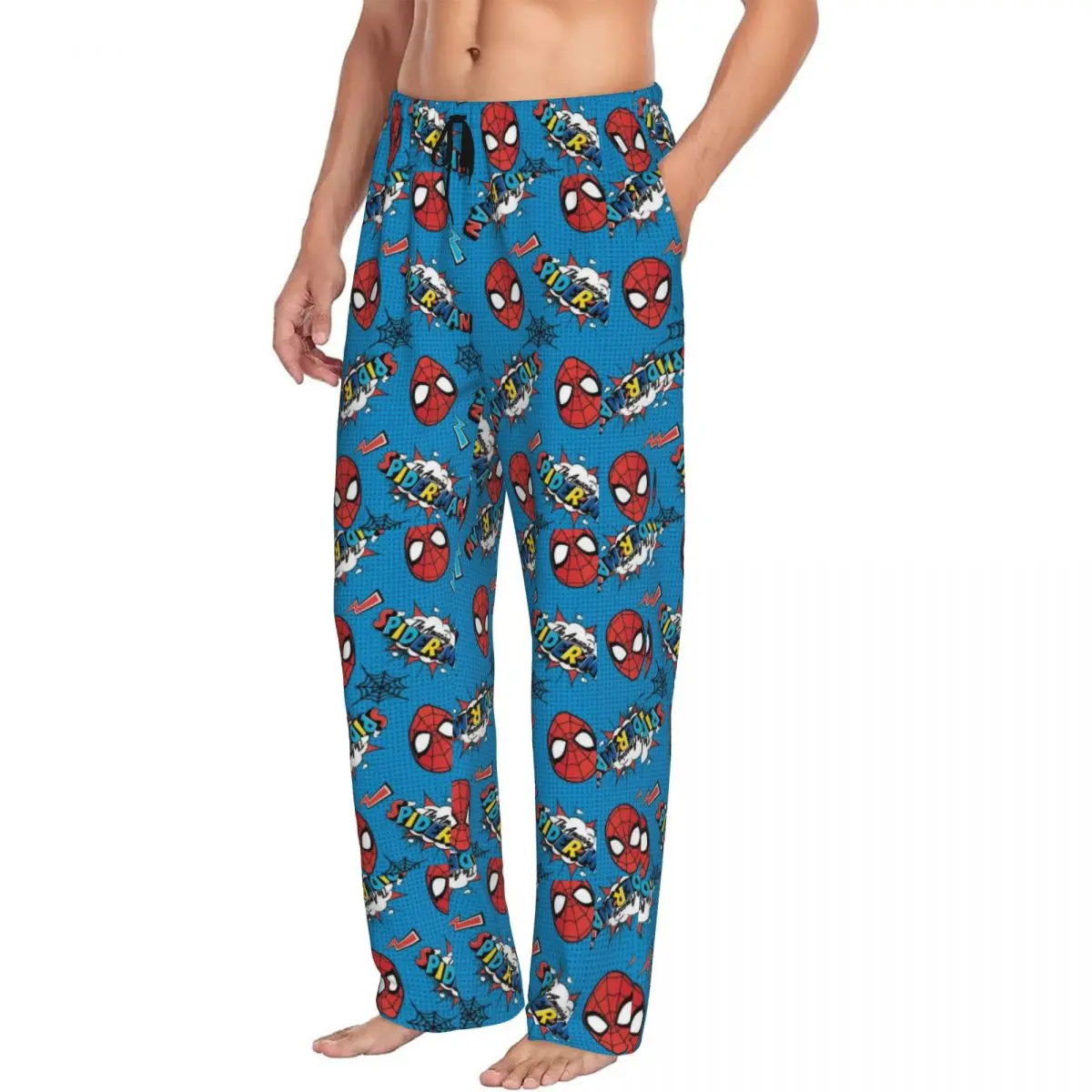 Pantalones de pijama personalizados de Spider Man, ropa de dormir para hombres, cintura elástica, patrón azul, pantalones de salón para dormir con bolsillos