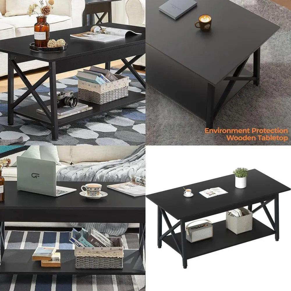 

Large 43 Modern Farmhouse Coffee Table with Storage, Black X-Frame Design for Living Room, Space-Saving and Easy Assembly