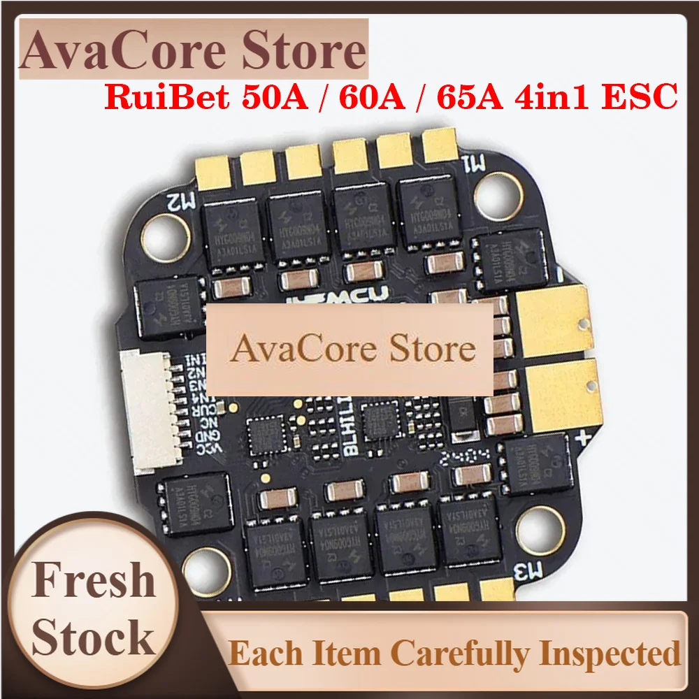 AvaCoreJHEMCU RuiBet 50A / 60A / 65A 4in1 ESC 3-6S Dshot600 BLHELI_S Built - in TVS Tube Pole Distance 30.5x30.5mm for RC FPV Dr