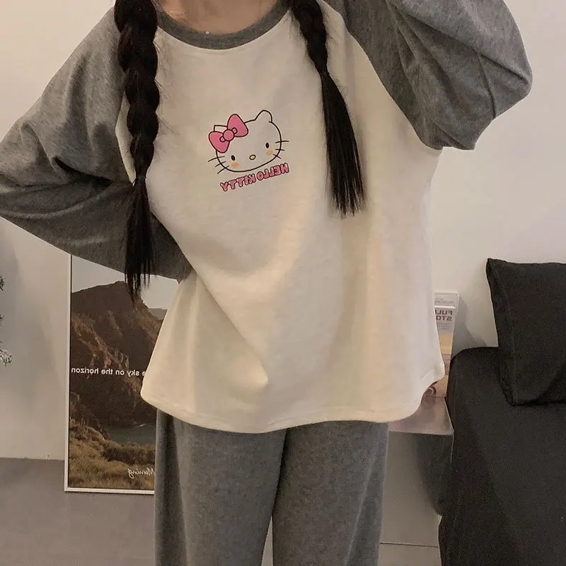 

Sanrio Hello Kitty, пижама для молодых девушек, кавайный студенческий осенне-зимний комплект с длинными рукавами и длинными брюками De Rong, комплект домашней одежды, новый