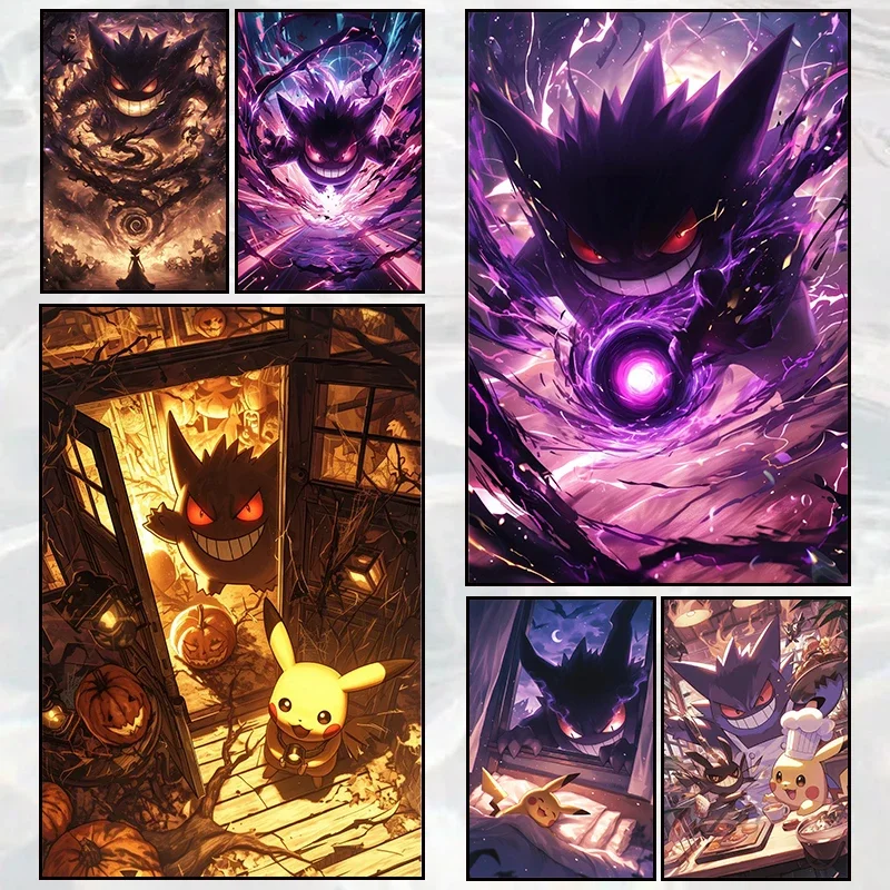 1pc frameless Canvas Painting Pokemon Genghis Ghost Pikachu Trendy Creative Cartoon Anime Decoration Painting