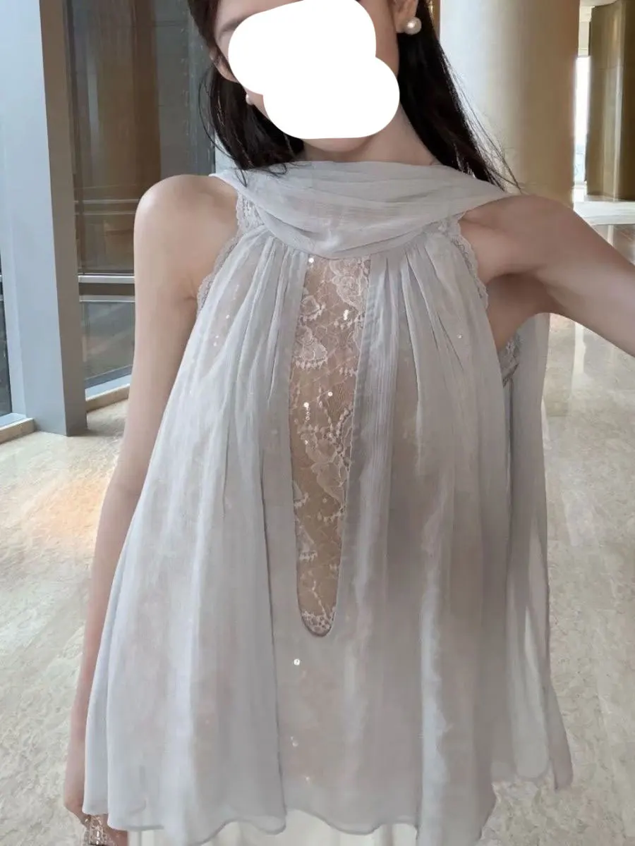 

Gossamer Moonlight Lace Patchwork Halter Neck Loose Fit Summer Top French Style Breathable Polyester Fiber Women's Chiffon Shirt