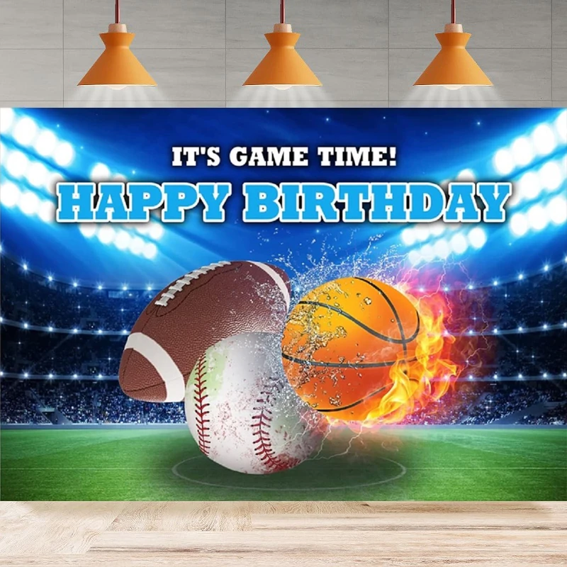 Photography Backdrop Boys Football Basketball Baseball Background It's Game Time Kids Sports Birthday Party Backdrop Wall Banner