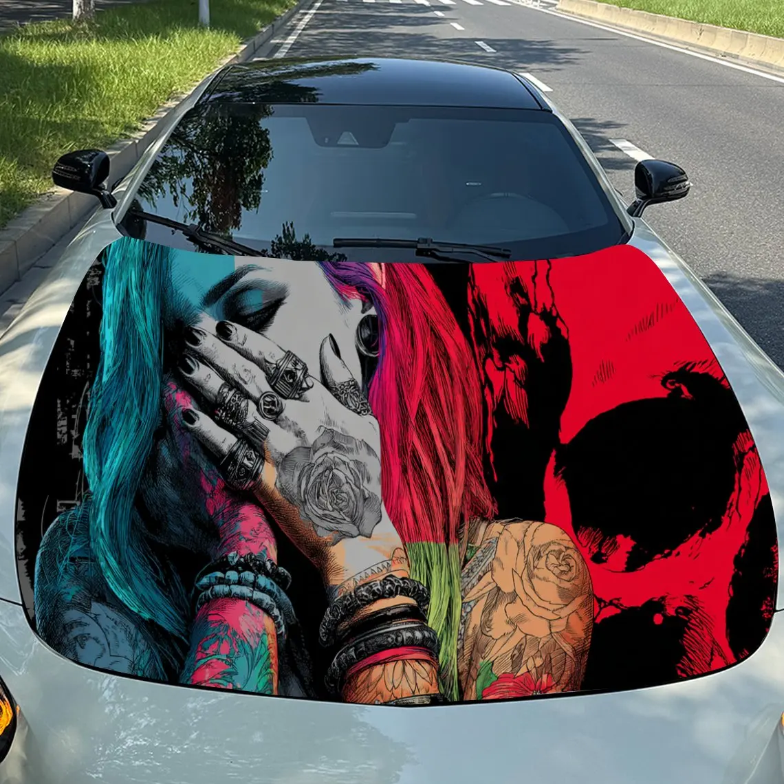 Rainbow Hair Punk Dominance PVC Car Engine Hood Vinyl Wraps, Self-Adhesive Waterproof Car Hood Decal Sticker, Car Decoration Pro