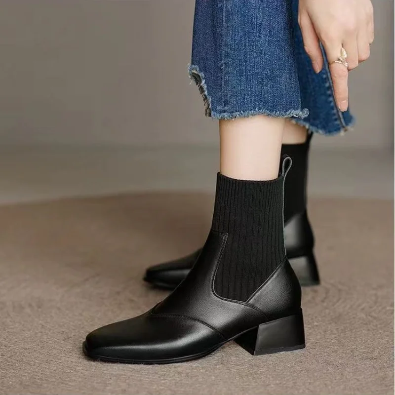 Pointed Ankle Boots Winter Women New Casual Chelsea Boots Women Medium Heel Knitted Sock Boots Women Faux Suede Female Heels