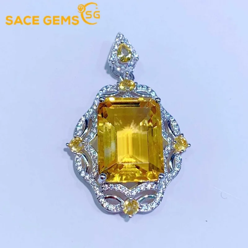 SACE GEMS S925 Sterling Silver 12*16MM Natual Citrine Pendant Necklaces for Womne Engagement Cocktail Party Fine Jewelry