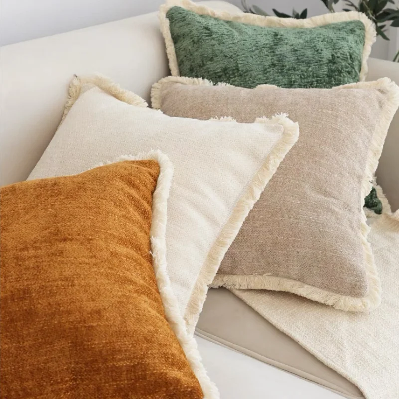 Cream Color Pillows Modern Chenille Tassel Cushion Case Texture Decorative Pillow Cover For Sofa Chair Home Decorations