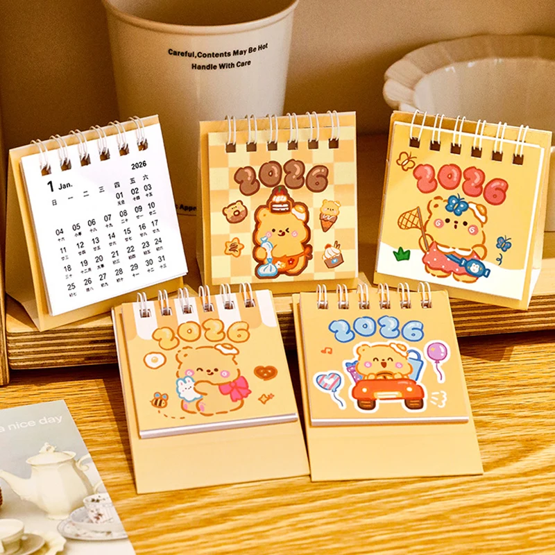 Kalender Meja Custard Bear 2026, Kalender Portabel dengan Spiral, Perencana Jadwal, Dekorasi Meja, Perencana Harian, Perlengkapan Kantor dan Sekolah