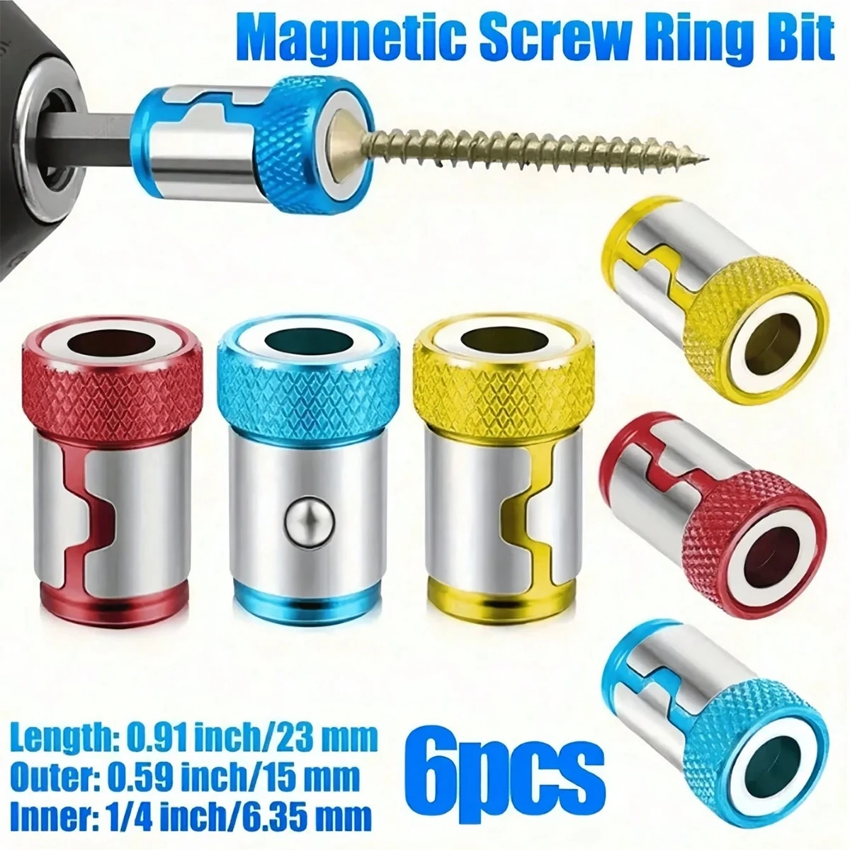 6Pcs Universal Non-Slip Screwdriver Bits Alloy Blue Yellow Red Magnetic Rings Steel Magnetic Adsorption Fixed Bit Holder Magnetic Rings