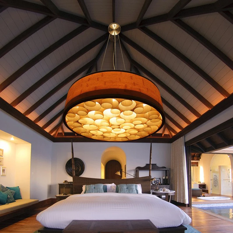 Nordic Southeast Asian Hotel Restaurant Lamp Coffee Hall Clothing Store Bar Art Wooden Leather Lamp Designer Walnut Pendant