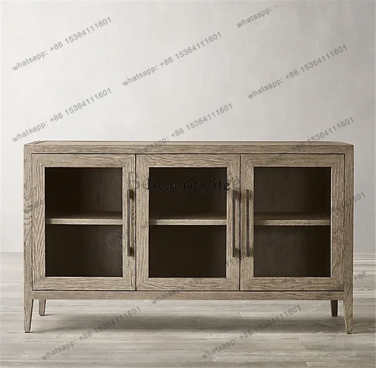 Customization American Country Glass Four-door Solid Wood TV Cabinet Living Room Audio-visual Decoration Cabinet