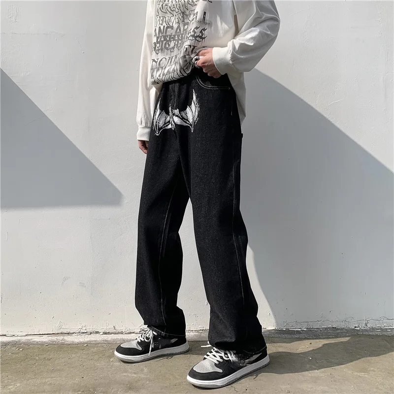 Hip Hop Printed Jeans Men Baggy Black Denim Trousers Straight Pants Spring Fashion Korean Streetwear Male Bottoms Y2K Clothes