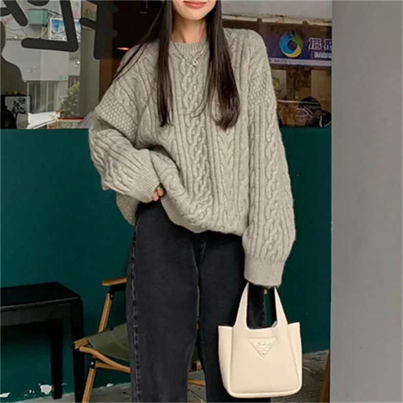 Vintage Oversized Pullovers Women Winter Clothing Pull Femme Thicked Warm Knitted Ribbed Sweater Tops Chic Korean Sueter Mujer