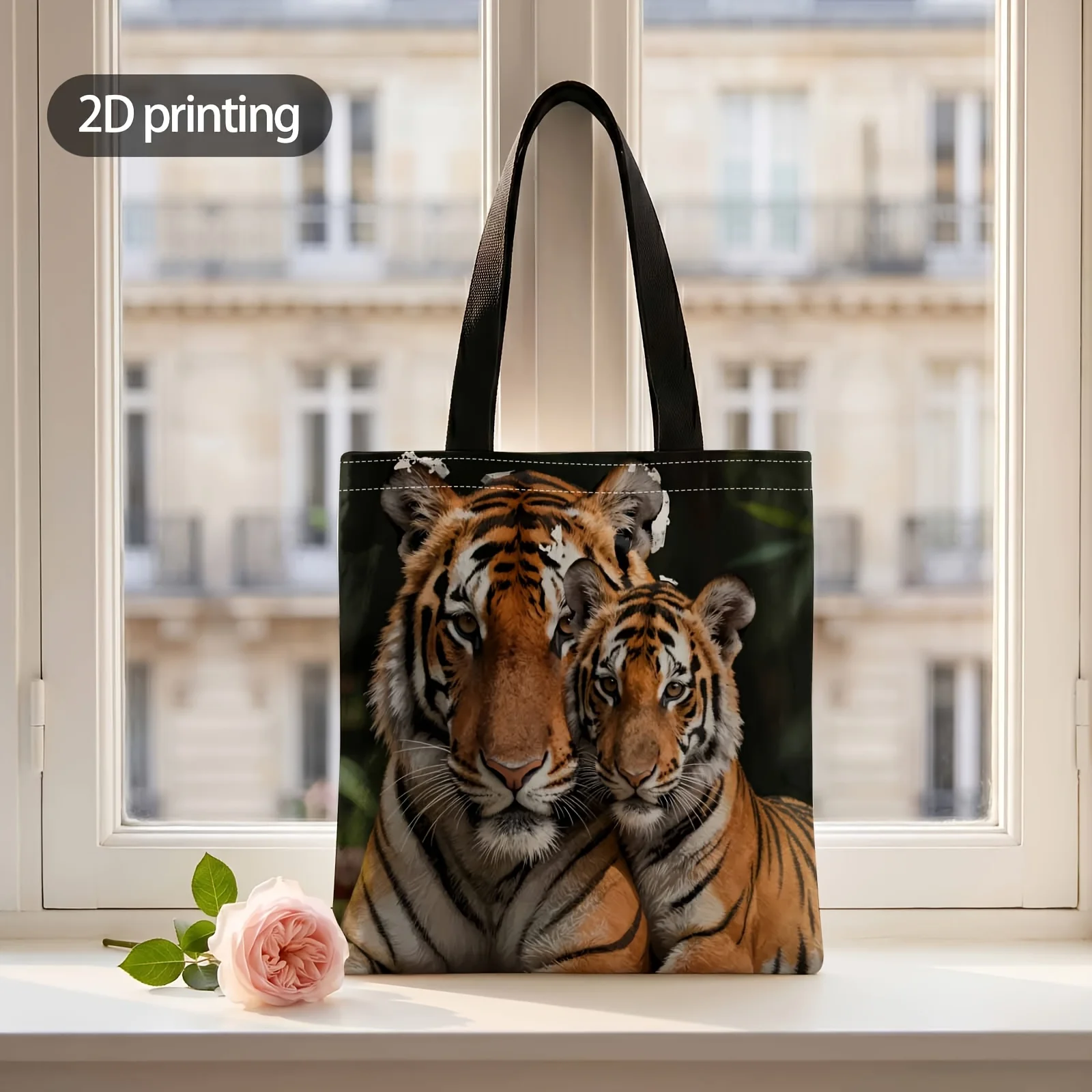 2D Printed Handbag with Royal Tigers in Wild Embrace Pattern, Reusable Fashion Shoulder Bag Shopping Tote Bag Suitable for Shopp