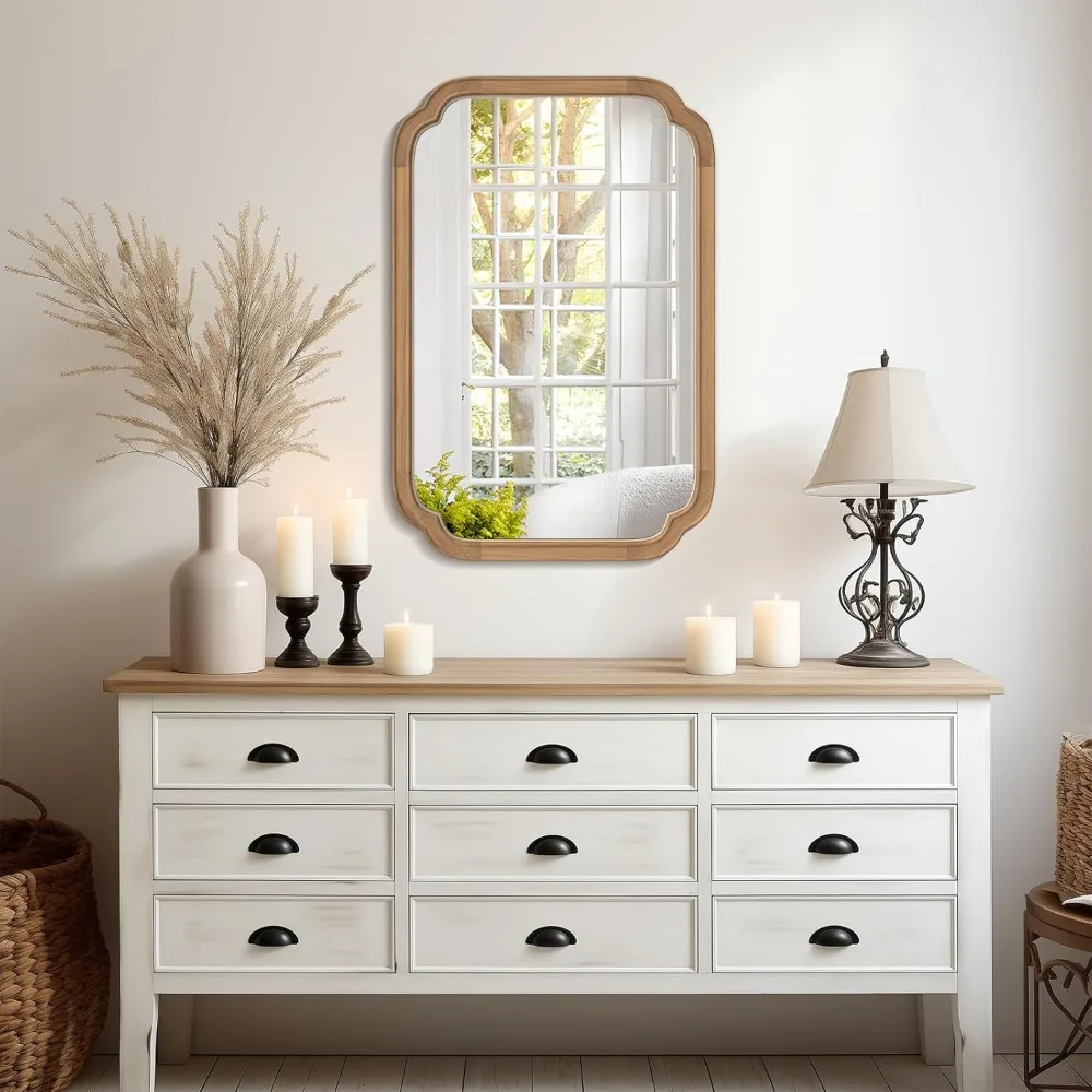 Arched Rectangle Wall Mirror with Scalloped Corners and Wood Frame for Entryway, Living Room, Bedroom - Full Size 20x30 Home Dec