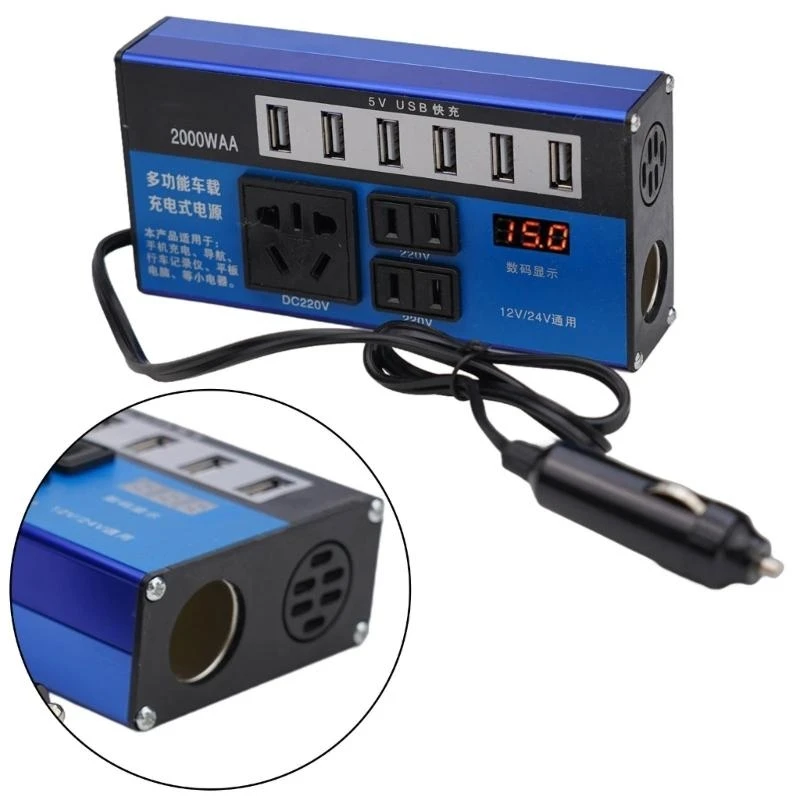 Car Converter Power Inverter 12V/24V To 110V/220V, 1500W High Efficiency with 6 Ports Chargers For Vehicles And Trucks