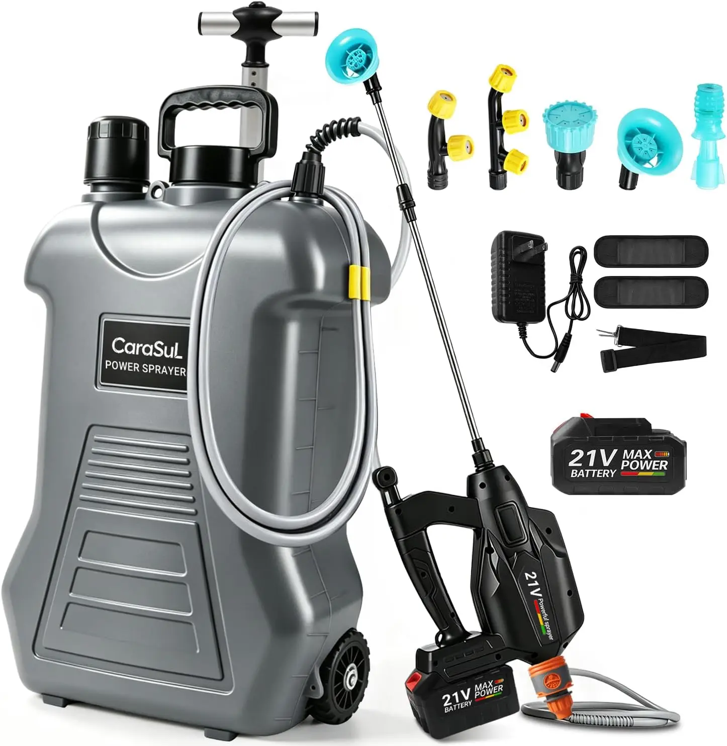4 Gallon Battery Powered Garden Sprayer, 2-in-1 Rolling and Backpack Electric Sprayer Compatible with 21V 4500mAh Battery, 5 Nozzles and Telescopic Wand, Lawn Yard Weed Cleaning Sprayer