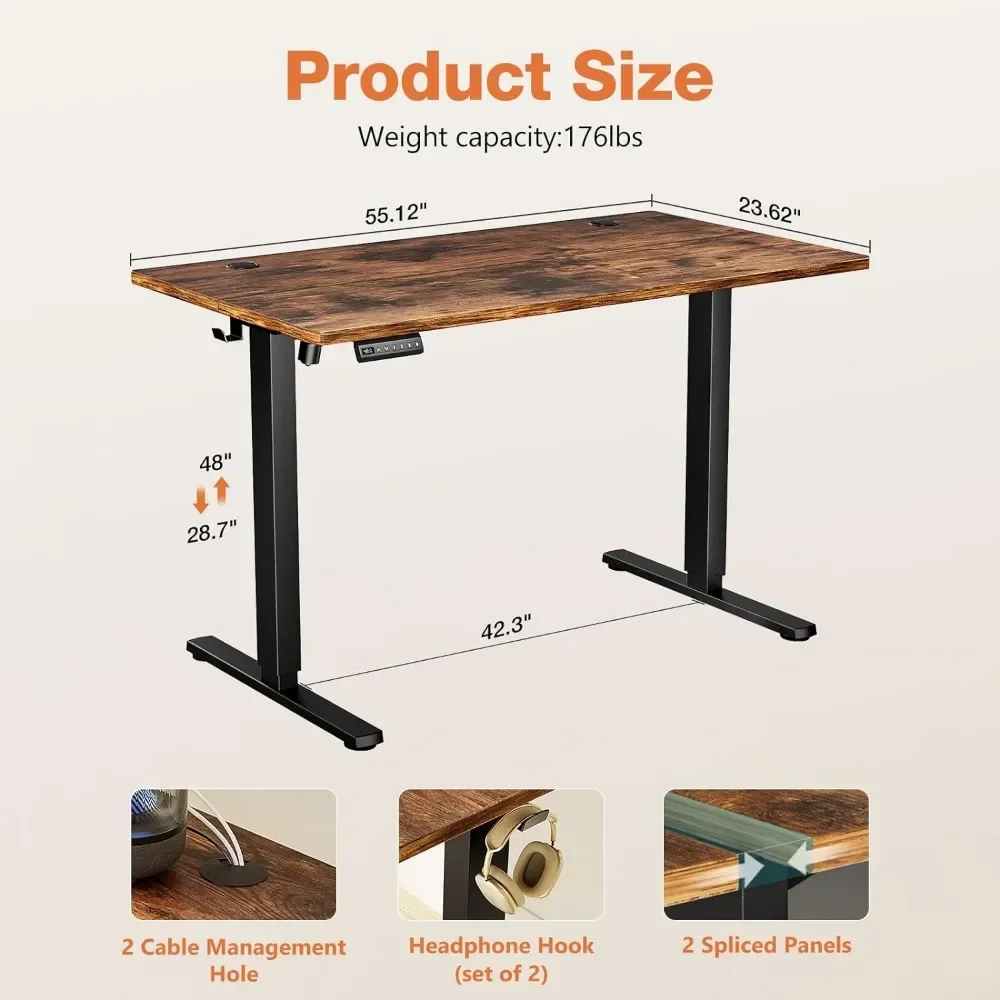 Computer Desk, 55 X 24 Inch Adjustable Height Lifting Office Desk, With Splicing Board, 2 Hooks And Wire Holes, Computer Desk