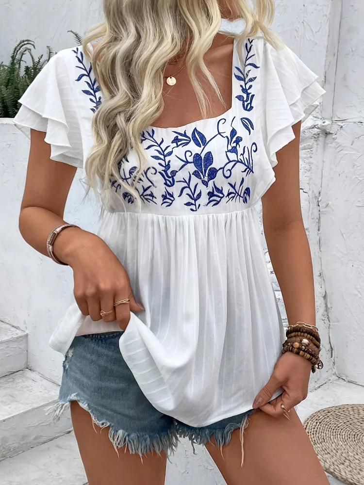 

2026 spring Summer Fashion Loose Square Neck White Print Shirts & Blouses Elegant Casual Ruffles Sleeve Blouse For Women Tops
