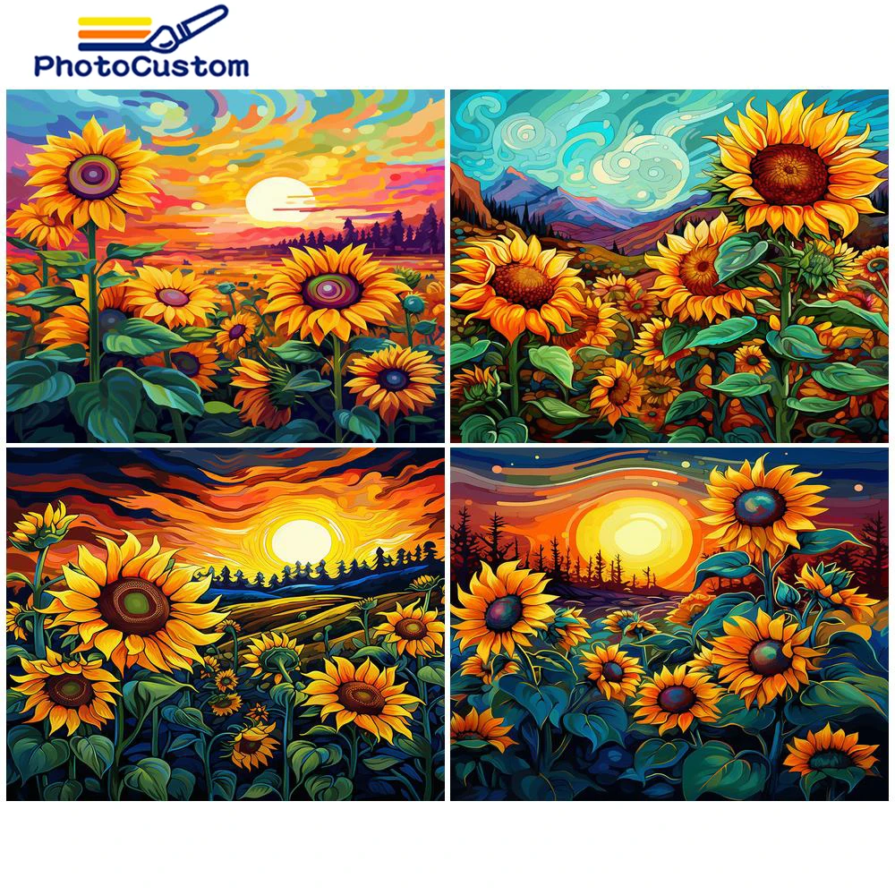 PhotoCustom Painting By Number SunFlower DIY Oil Drawing By Numbers Wall Art Painting Hand Painted Home Decor Acrylic Paint Gift