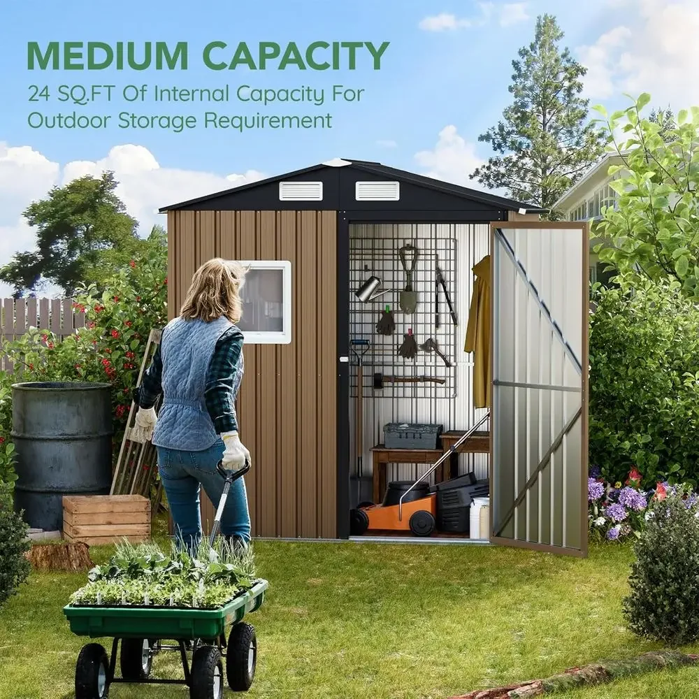 Durable 6x4ft Outdoor Steel Shed with Lockable Door and Window for Garden and Patio Storage in Brown