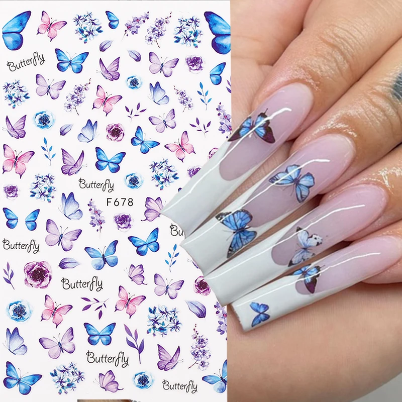 3D Butterfly Nails Art Stickers Holographic Blue Black Pink Butterflies  Flowers Self Adhesive Decals Nail Decoration Manicure