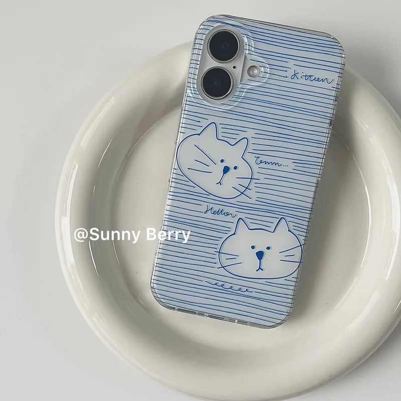 Korean Ins Blue Striped Kitten Cat Y2K Phone Case For iPhone Ultra 18 17 Air 16 15 14 13 12 11 Pro Max Plus Anti-Yellow Cover