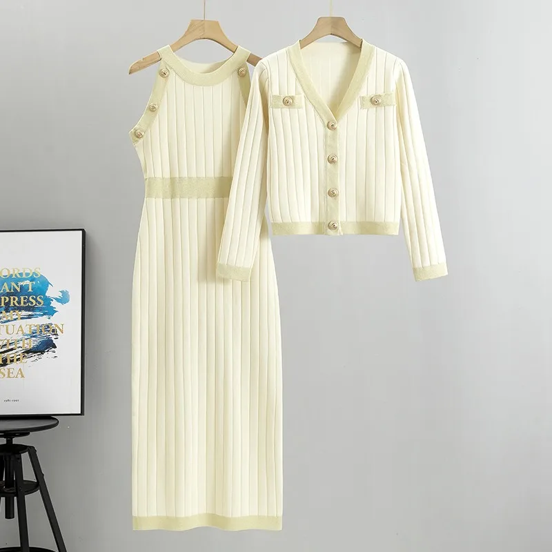 2024 Elegant Womens Sets Korean Fashion Knitted Cardigan Sleeveless Dress Two-piece Set New V-neck Casual Dress Sets