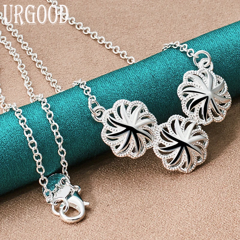 

925 Sterling Silver Three Hollow Flower Pendant Necklace 18 Inch Chain For Women Party Engagement Wedding Fashion Jewelry